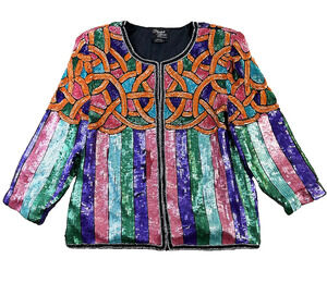 Vintage Marshall Rousso Las Vegas 1980s Silk Sequin Open Front Padded Jacket S/M